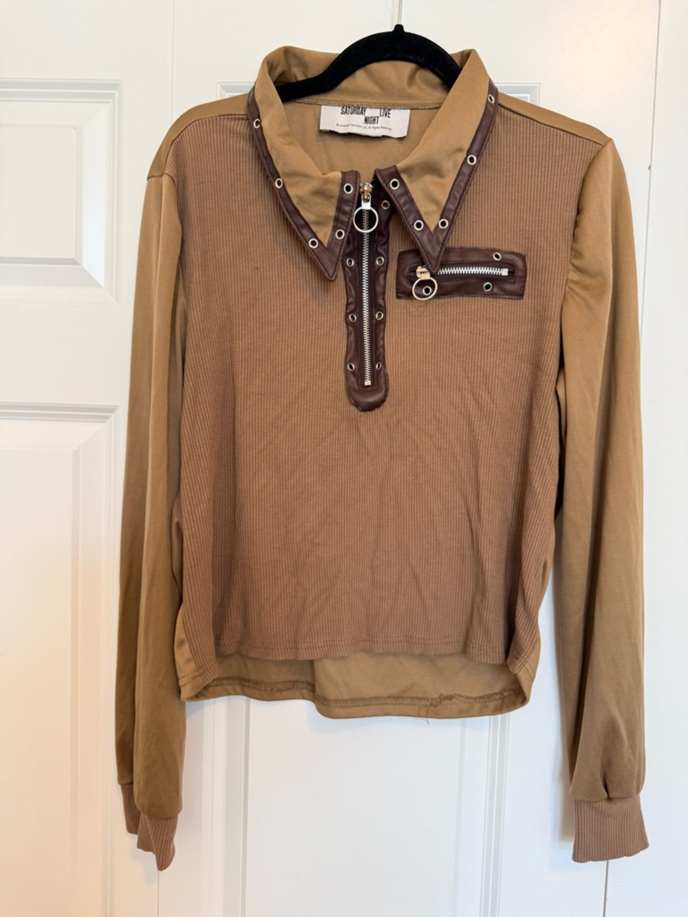 Saturdays New York City Tan Long Sleeve Polo with Leather-Look Trim